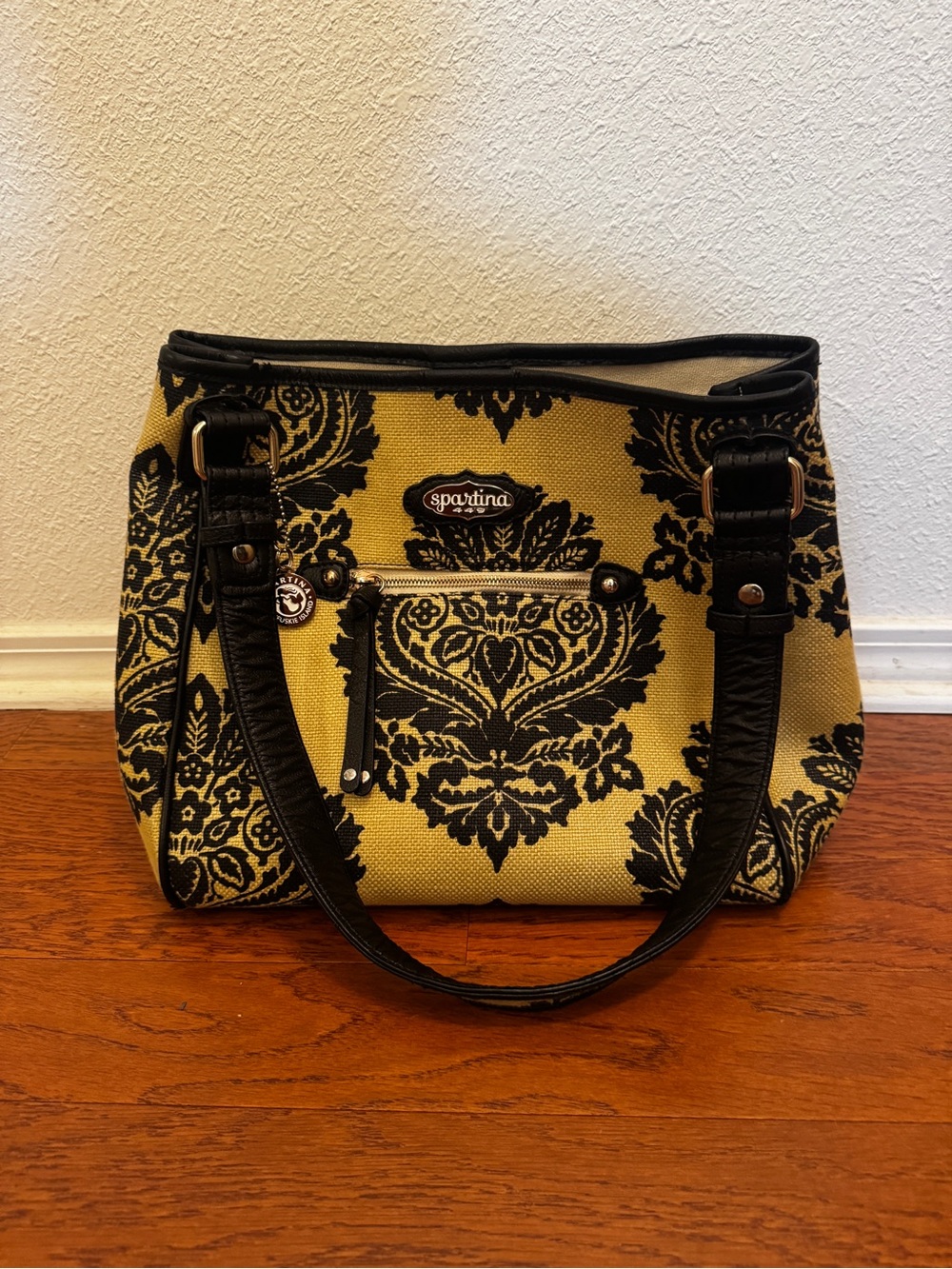 Spartina 449 Daufuskie Island Black & Straw Damask Shoulder Tote